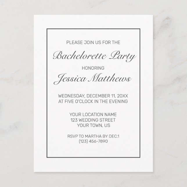 Modern Minimalist Bachelorette Party Invitation Postcard (Front)