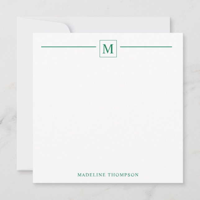 Modern Minimalist Basic Forest Green Monogram Line Card (Front)
