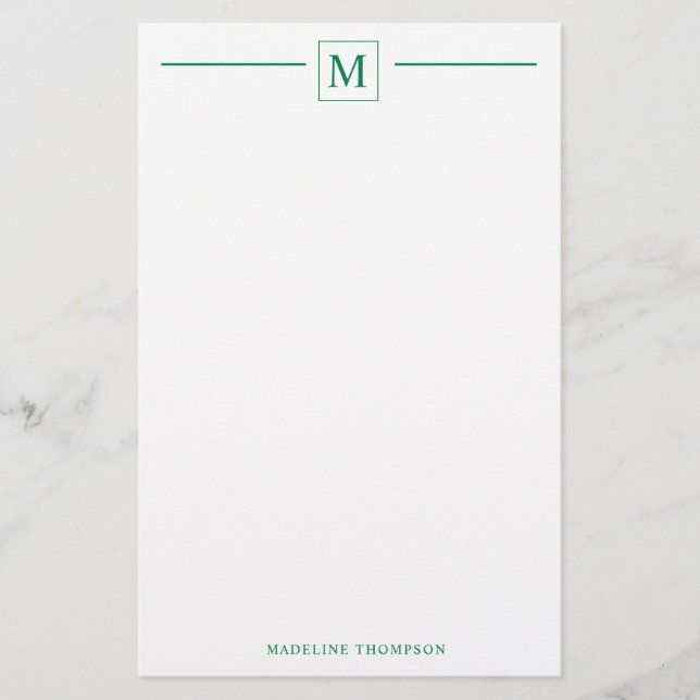 Modern Minimalist Basic Forest Green Monogram Line Stationery (Front)