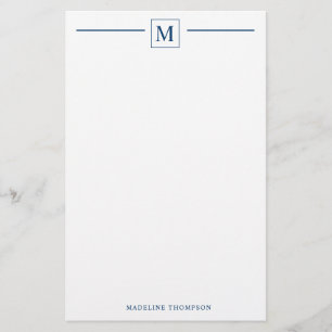 Modern Minimalist Basic Navy Blue Monogram Line Stationery