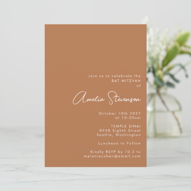 Modern Minimalist Bat Mitzvah Script Terracotta Invitation (Standing Front)