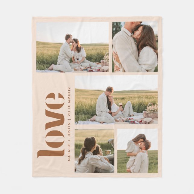 Modern Minimalist Beige 5 Photo Couple Fleece Blanket (Front)