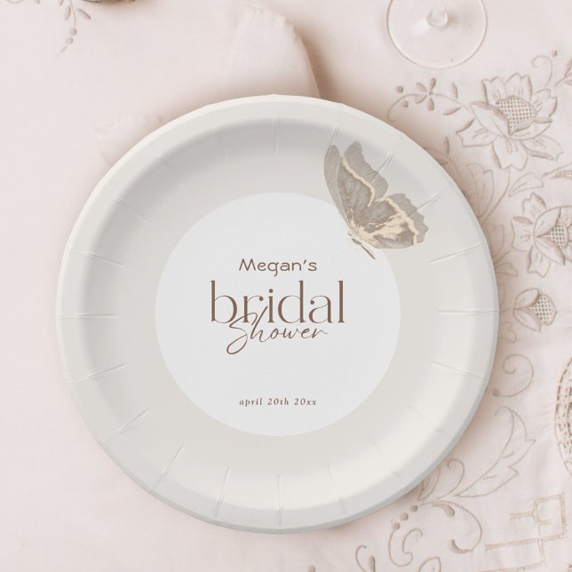 Modern Minimalist Beige Butterfly Bridal Shower Paper Plate (Creator Uploaded)