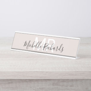 Modern minimalist beige name monogram desk plate
