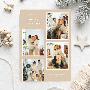 Modern Minimalist Beige Photo Collage Christmas Holiday Card