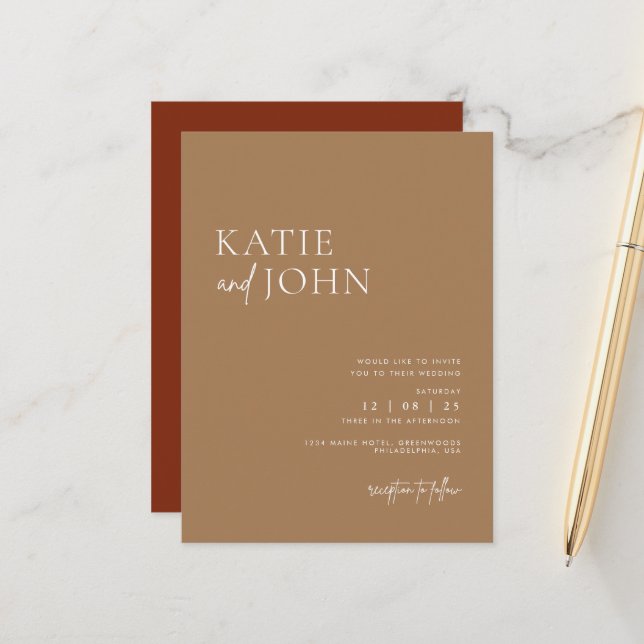 Modern Minimalist Beige Tan Boho Wedding Announcement Postcard (Front/Back In Situ)