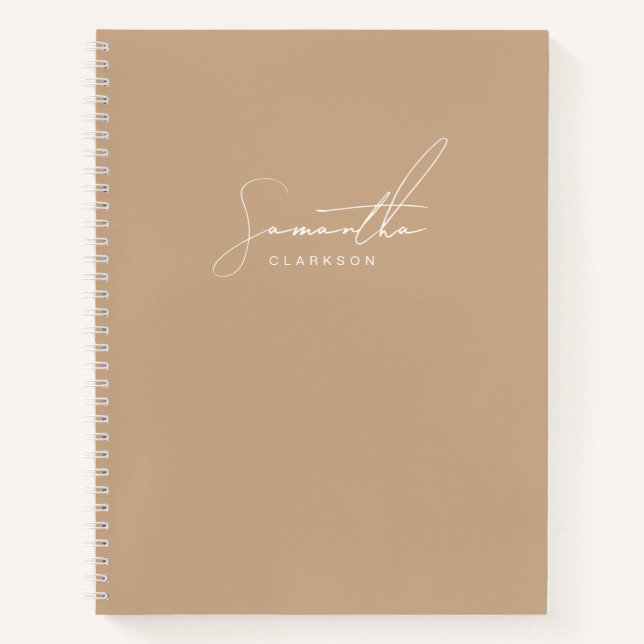 Modern Minimalist Beige & White Script Name Notebook (Front)