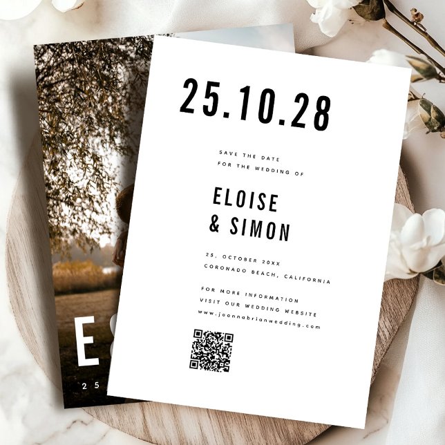Modern Minimalist Big Bold Monogram Photo QR Code Save The Date (Modern Minimalist Big Bold Monogram Photo QR Code Save The Date)
