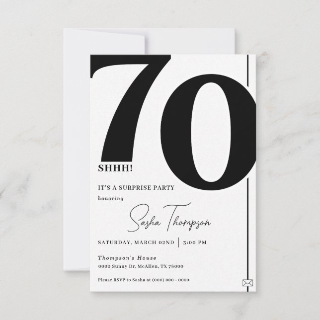 Modern minimalist black 70th birthday invitation (Front)