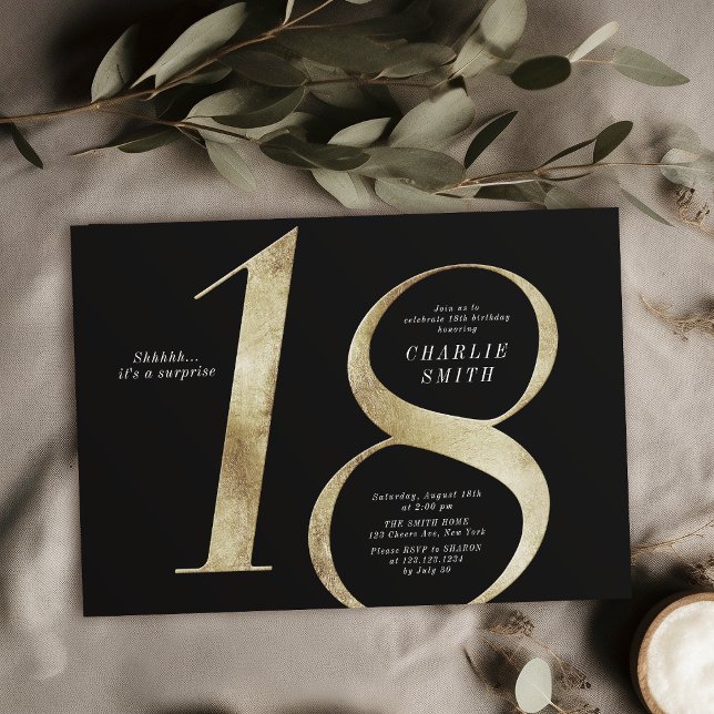 Modern minimalist black and gold 18th birthday invitation (Modern minimalist black and gold 18th birthday invitation)