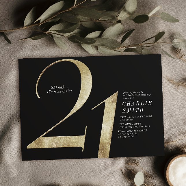 Modern minimalist black and gold 21st birthday invitation (Modern minimalist black and gold 21st birthday invitation)