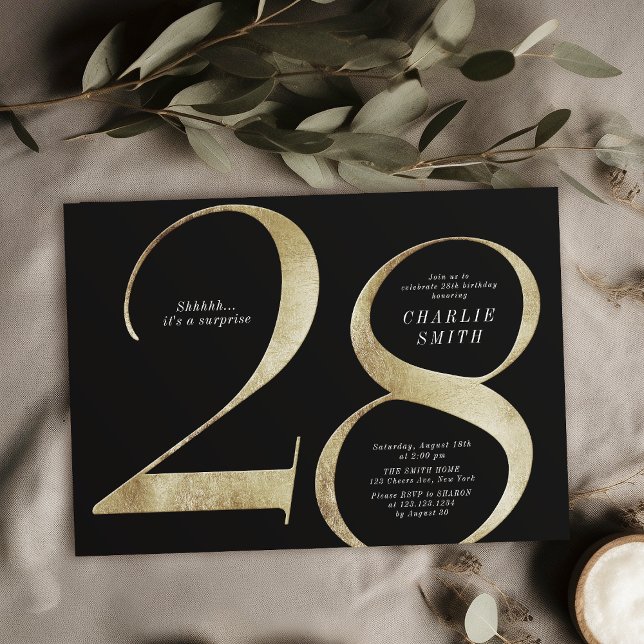 Modern minimalist black and gold 28th birthday invitation (Modern minimalist black and gold 28th birthday invitation)