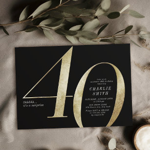 Modern minimalist black and gold 40th birthday invitation