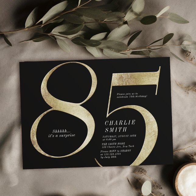 Modern minimalist black and gold 85th birthday invitation (Modern minimalist black and gold 85th birthday invitation)