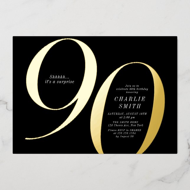 Modern minimalist black and gold 90th birthday (Front)