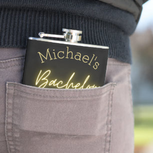 Modern Minimalist Black and Gold Bachelor Party Hip Flask