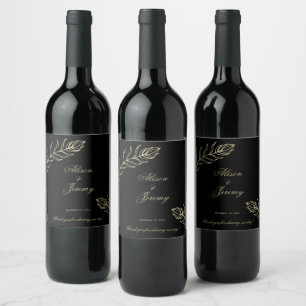 Modern Minimalist Black And Gold Botanical Bloom Wine Label
