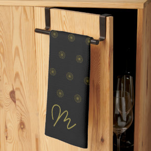 Modern Minimalist Black and Gold Monogram Tea Towel