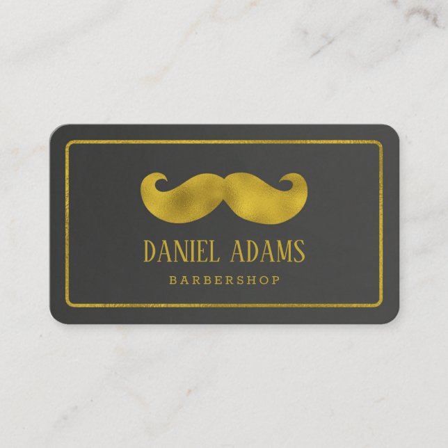 Modern Minimalist Black and Gold Mustache Barber Business Card (Front)