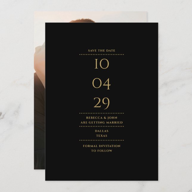 Modern Minimalist Black And Gold Wedding Photo Save The Date (Front/Back)