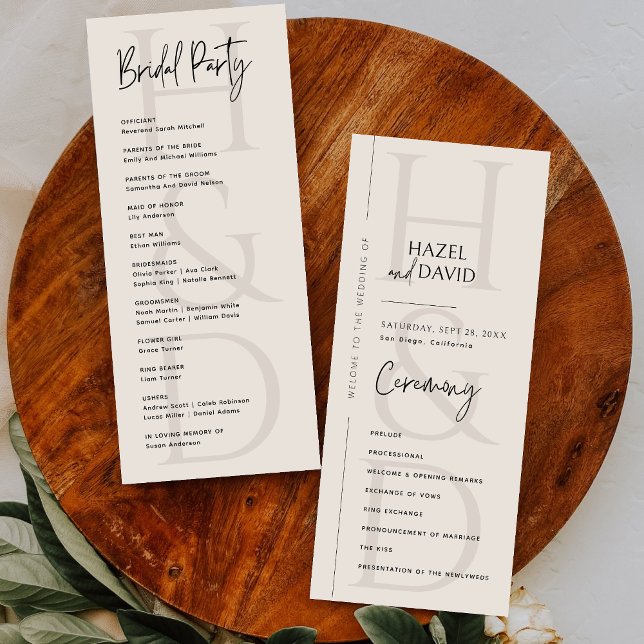 Modern Minimalist Black and Ivory Monogram Wedding Programme (Creator Uploaded)
