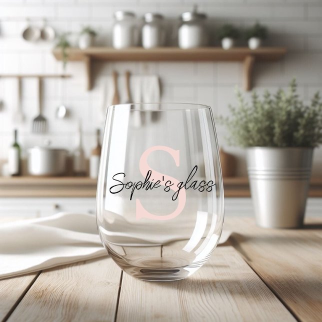 Modern Minimalist Black and Pink Personalised Name Stemless Wine Glass (Creator Uploaded)