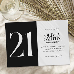 Modern Minimalist Black and White 21st Birthday Invitation