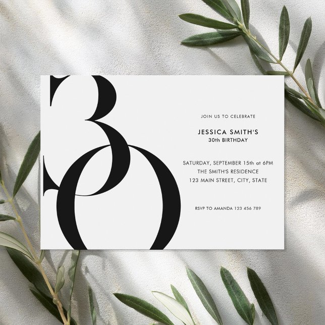Modern Minimalist Black and White 30th Birthday Invitation (Creator Uploaded)