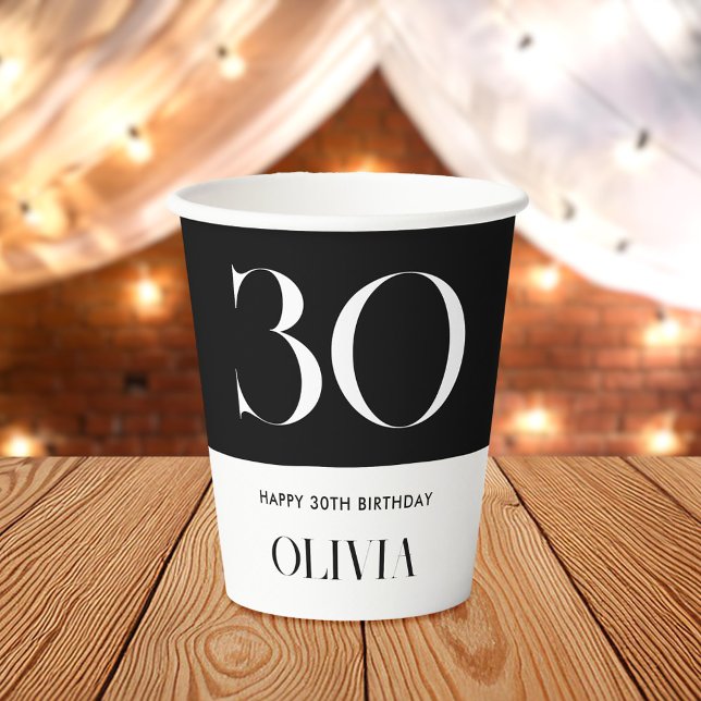 Modern Minimalist Black and White 30th Birthday Paper Cups (Creator Uploaded)