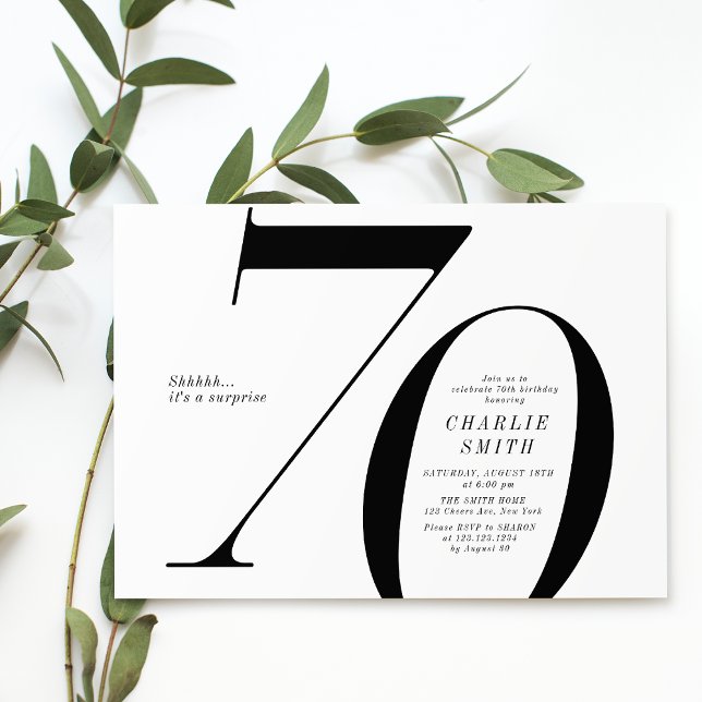 Modern minimalist black and white 70th birthday invitation (Modern minimalist black and white 70th birthday invitation)