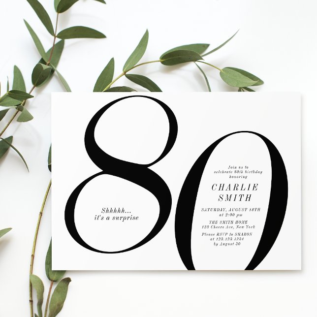 Modern minimalist black and white 80th birthday invitation (Modern minimalist black and white 80th birthday invitation)