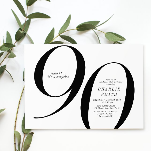 Modern minimalist black and white 90th birthday invitation (Modern minimalist black and white 90th birthday invitation)