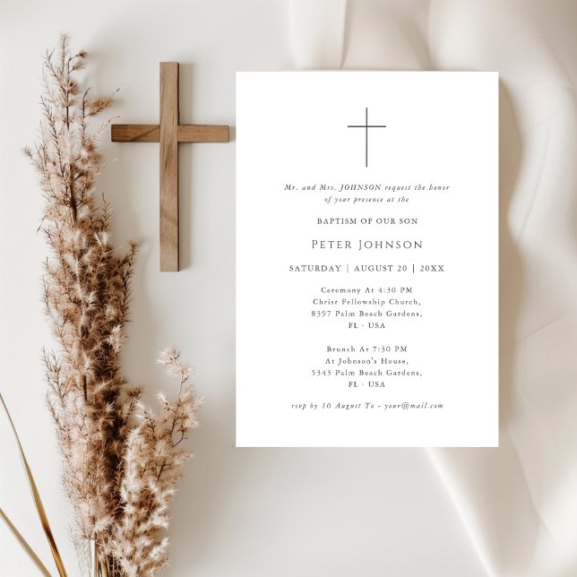 Modern Minimalist Black and White Cross Baptism Invitation (Creator Uploaded)
