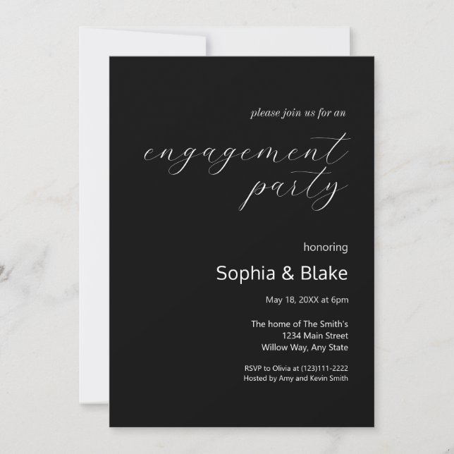 Modern Minimalist Black and White Engagement Party Invitation (Front)