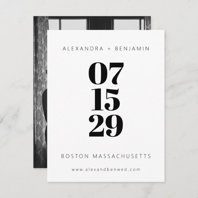 Modern Minimalist Black and White Full Photo Save The Date (Front/Back)