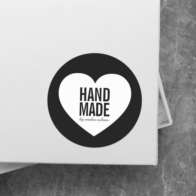 Modern Minimalist Black and White Handmade Heart Classic Round Sticker (Creator Uploaded)