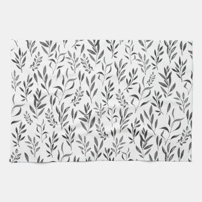 Modern Minimalist Black and White Leaves  Tea Towel (Horizontal)