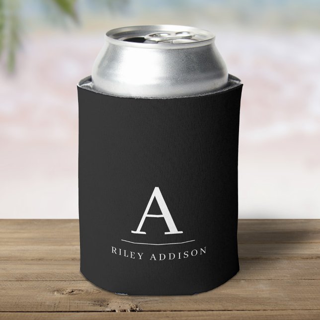 Modern Minimalist Black and White Monogram Can Cooler (Creator Uploaded)