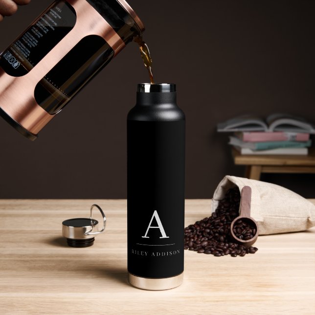 Modern Minimalist Black and White Monogram Water Bottle (Coffee (Rotated))