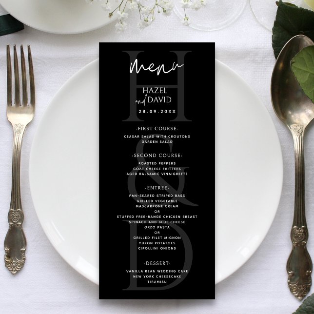 Modern Minimalist Black and White Monogram Wedding Menu (Creator Uploaded)