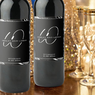 Modern Minimalist Black and White Monogram Wedding Wine Label