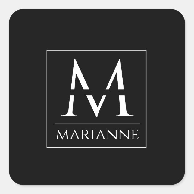 Modern Minimalist Black and White Monogrammed Square Sticker (Front)