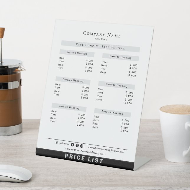Modern Minimalist Black and White Price List Pedestal Sign (In SItu)