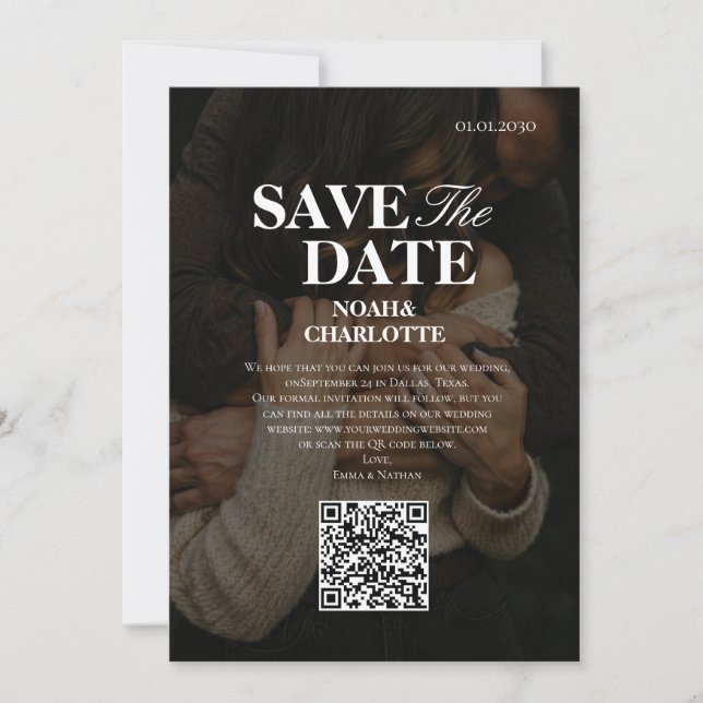  Modern Minimalist Black And White QR Code Wedding Save The Date (Front)