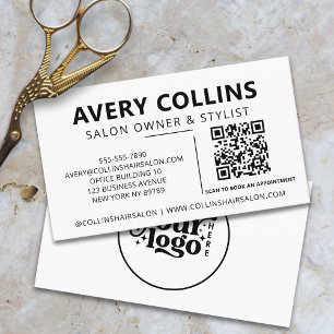 Modern Minimalist Black and White Salon QR code Business Card