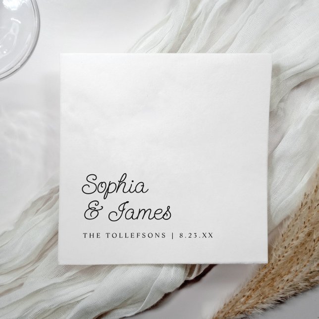Modern Minimalist Black and White Script Wedding Napkin (Personalized black and white minimalist wedding napkin with whimsical script names)