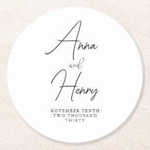 Modern Minimalist Black and White Script Wedding Round Paper Coaster