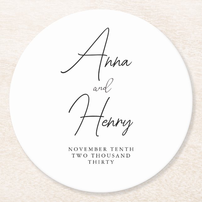 Modern Minimalist Black and White Script Wedding  Round Paper Coaster (Front)