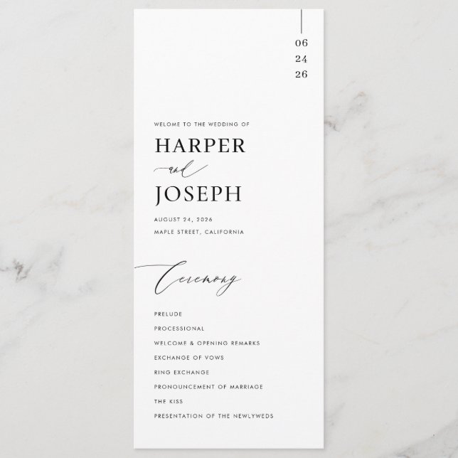 Modern Minimalist Black and White Unique Wedding Programme (Front)