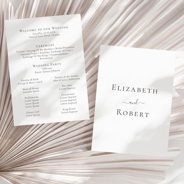Modern Minimalist Black and White Wedding Program Programme (Modern Minimalist Black and White Wedding Program on a sunny neutral dry palm leaf.)